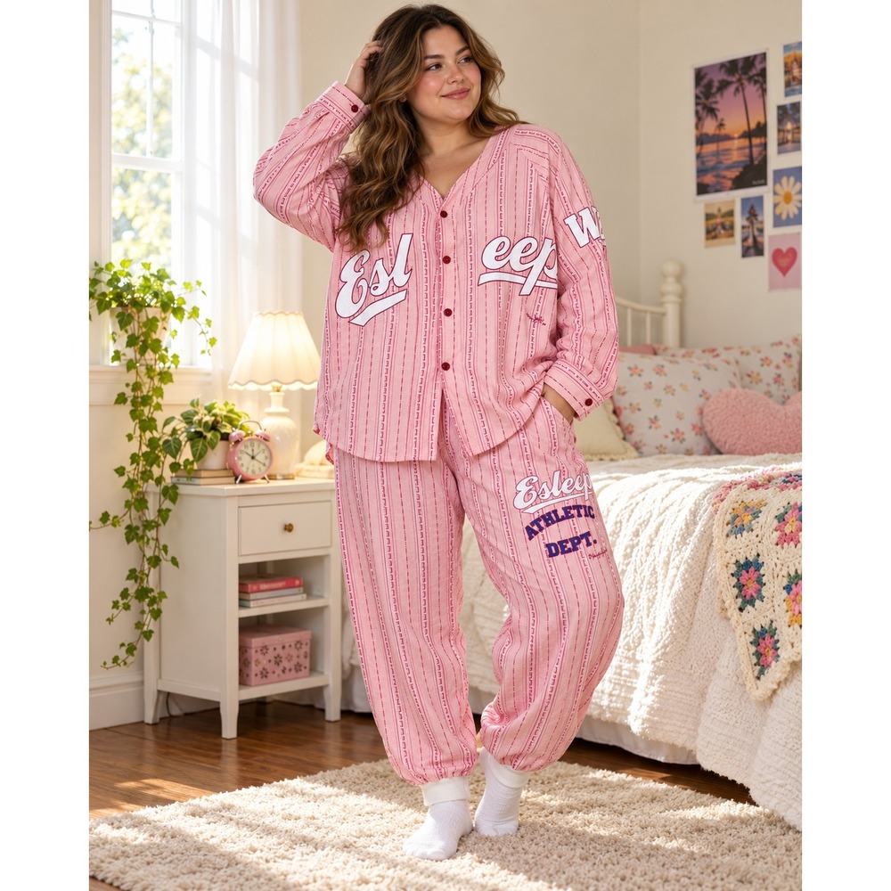 VINTAGE Esleep Pajamas Pink Striped Baseball Pajama Set Womens 1X Rare